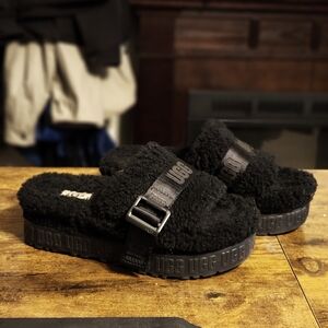 UGG Black Fuzzy Slide Sandals